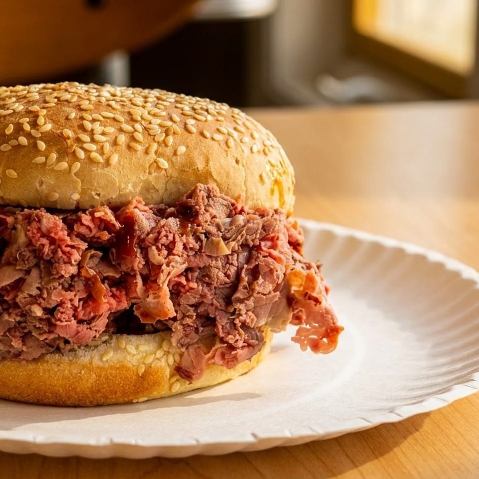 A large, juicy roast beef sandwich with barbecue sauce on a sesame seed bun, on a paper plate.