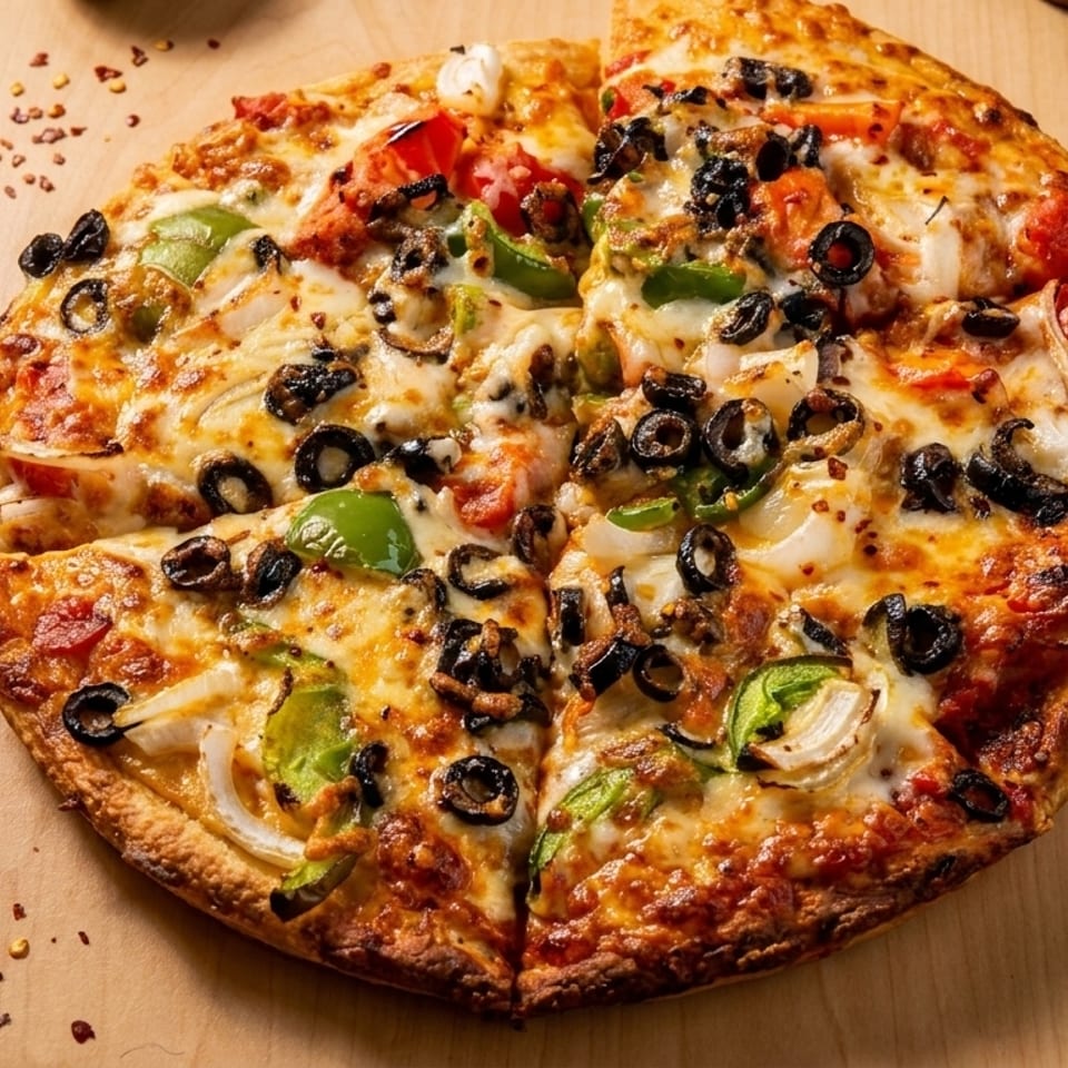 A freshly baked pizza with black olives, green peppers, onions, and tomatoes on a wooden surface.
