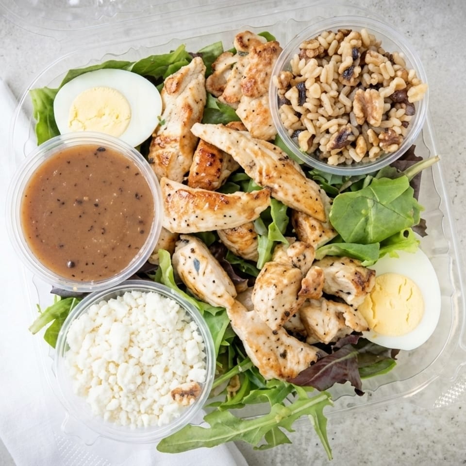 Overhead view of a grilled chicken salad with dressing, feta, and walnuts in a plastic container.