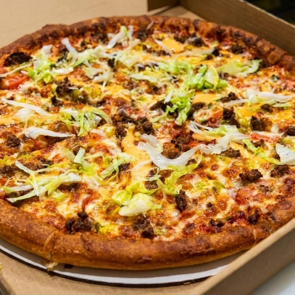 A large, freshly baked pizza with ground beef, cheese, lettuce, and a special sauce in a box.