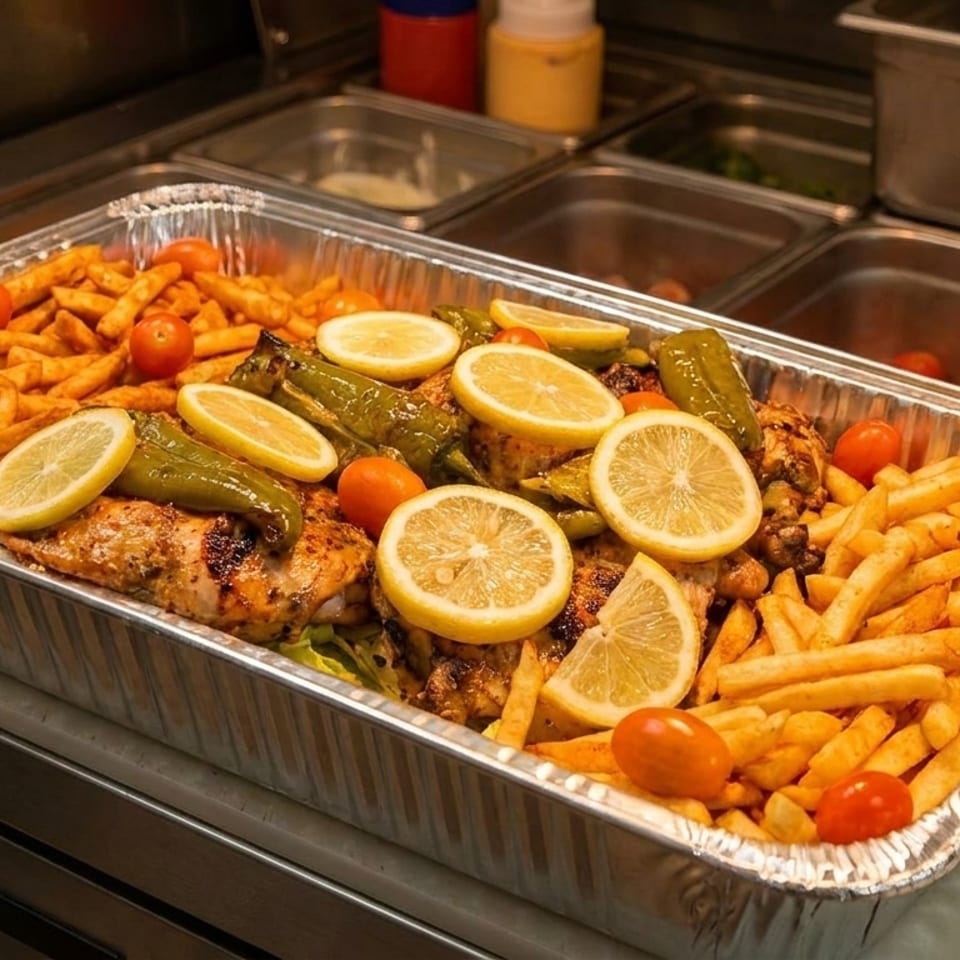 A large foil tray filled with grilled chicken, french fries, cherry tomatoes, peppers, and lemon slices.