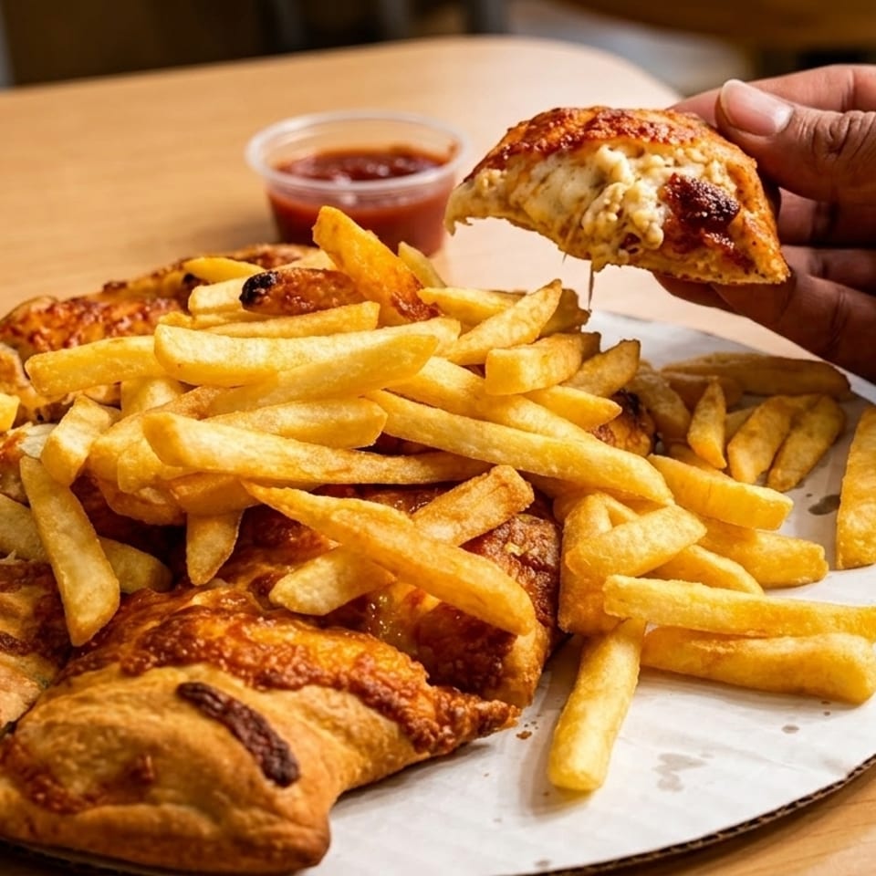 A hand holds a cheesy pizza slice over a pizza and fries on a cardboard tray.